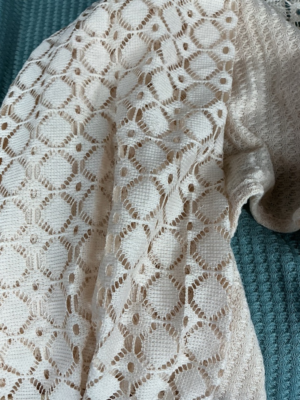 ⭐ Teal Waffle Knit Top Lace Sleeves Boho Casual Oversized Large - Picture 3 of 5